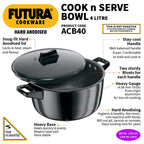 Hawkins Futura 4 Litre Cook n Serve Bowl, Hard Anodised Saucepan with Hard Anodised Lid, Sauce Pan for Cooking and Serving, Black (ACB40), Aluminium