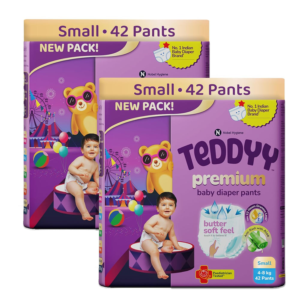 Teddyy Premium Baby Diapers S Size, Pant Style | Small (4-8 kg), 84 Pants | Butter Soft Feel, Anti-Rash with Aloe Vera, 12 Hours Dryness Lock