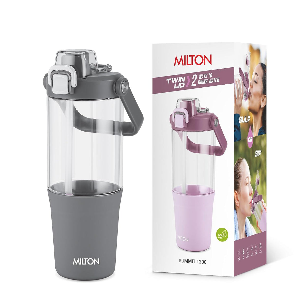 MILTON Summit 1200 2-in-1 Sip or Gulp Lid Tumbler 1200 ml | Plastic Water Bottle with Sturdy Handle & Straw | Leak-Proof, BPA-Free | Perfect for Office, Gym, Travel Tumbler for Men and Women, Grey