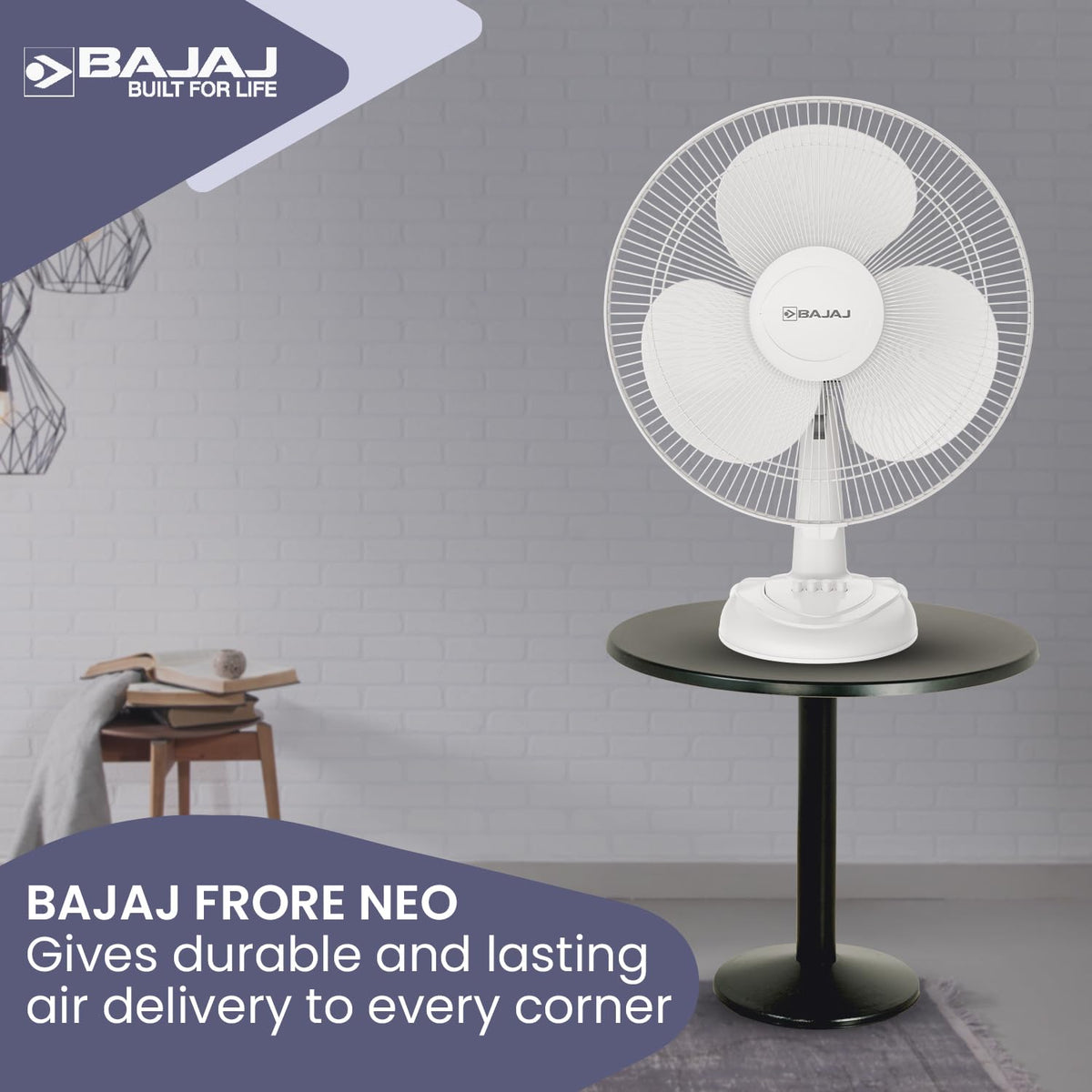 Bajaj Frore Neo Table Fan 400 MM | Table fans for Home & Office |Aerodynamically Balanced Blades| 100% CopperMotor| HighAir Delivery|3-Speed Control| 2-Yr Warranty 【White】