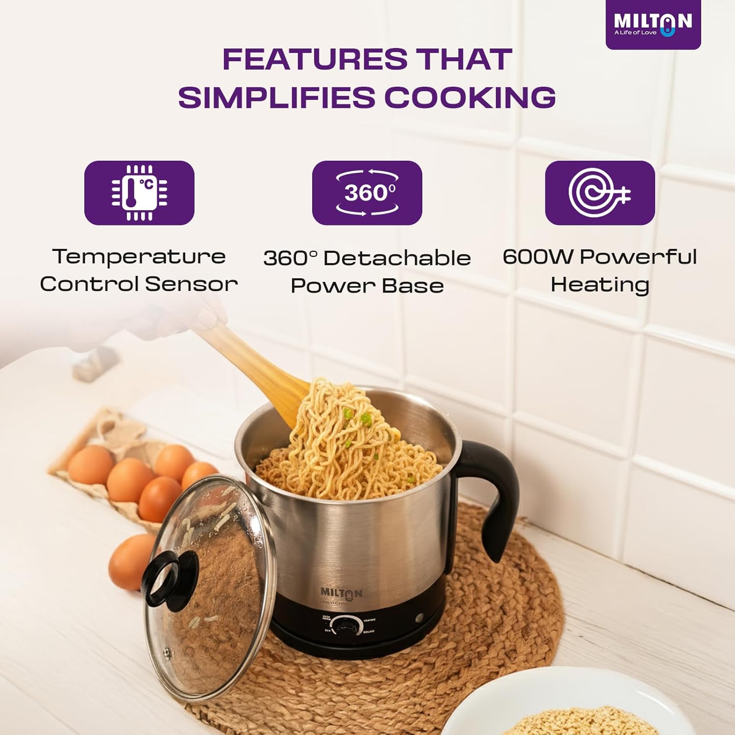 Milton Champ 1.5L 600W Electric Multi Cook Kettle with Steamer | Multipurpose Electric Kettle for Boiling Eggs, Water, Milk, Tea, Noodles & Soup | Stainless Steel Body | 3 Modes | 1 Year Warranty