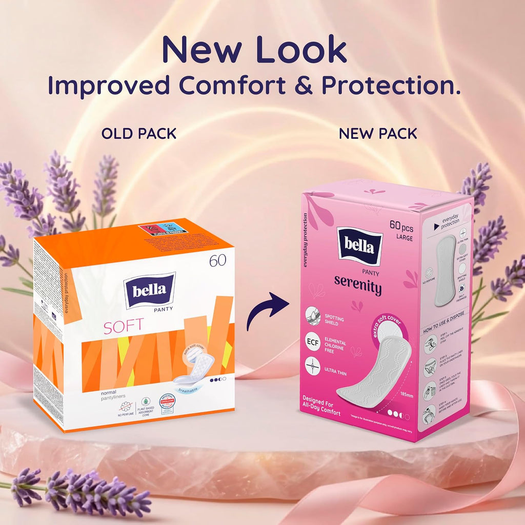Bella Serenity Panty Liners for Women| Ultra-Thin | Leak-Proof Absorbent Core | Extra Soft Top sheet | No Perfume | 185 mm Large Size | Pack of 60