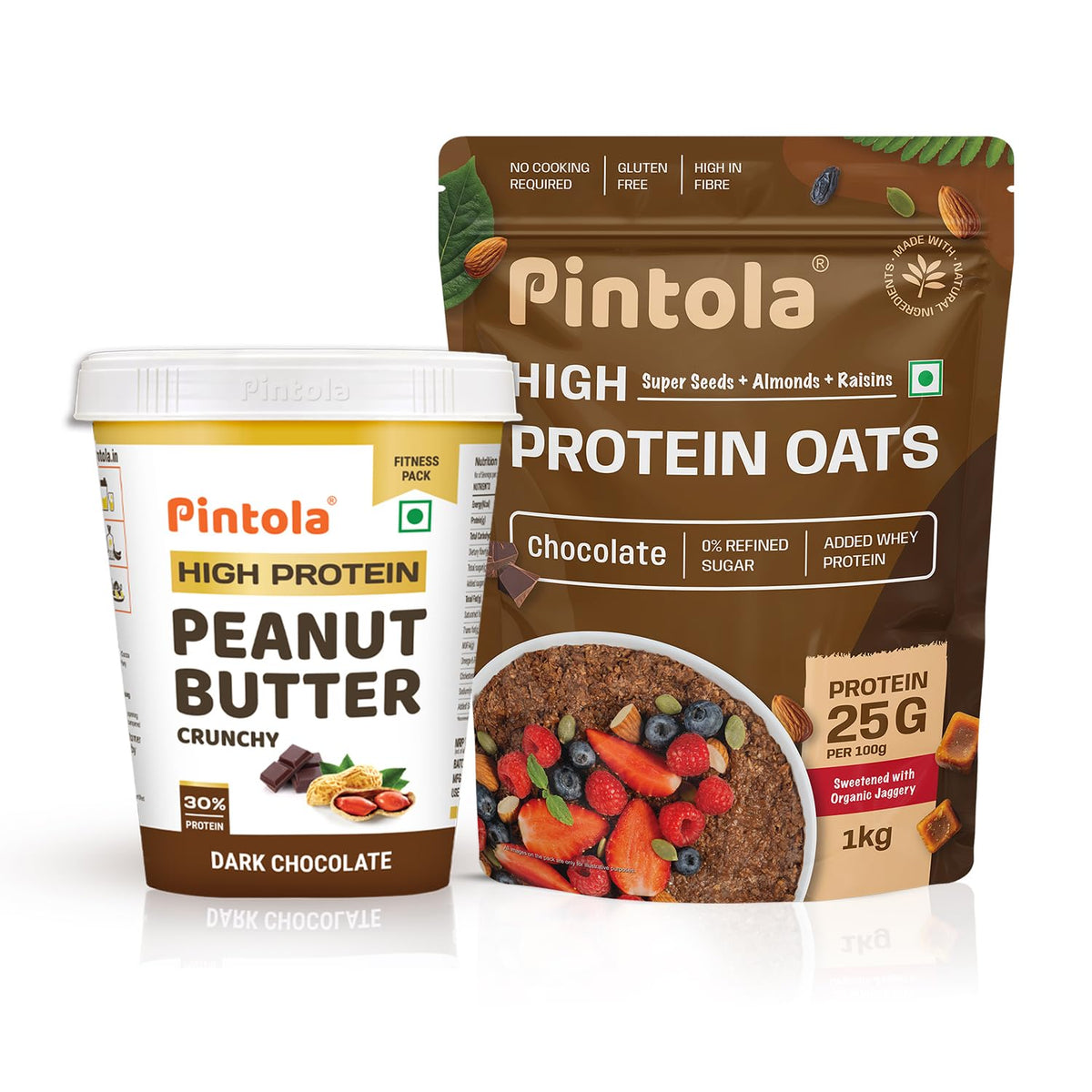 Pintola Fitness Combo: High Protein Oats 1kg, Dark Chocolate, 25g Protein & High Protein Peanut Butter Chocolate Flavour Crunchy 1kg, 30g Protein