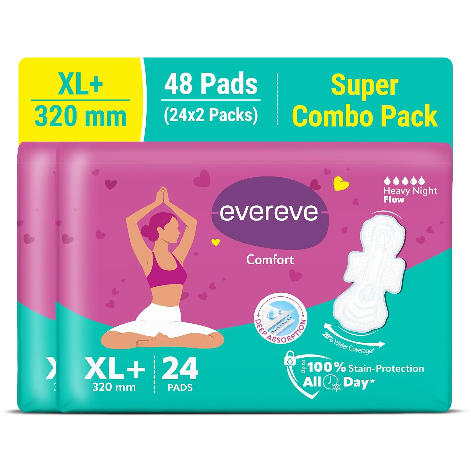 Evereve Comfort Sanitary Pads for Women, XL+ 320mm, Longest and Widest Day Pad, Thick Soft Fabric, Breathable Rash-Free Wear, Deep Absorption, Up to 100% Leak Protection, All Day Comfort, Pack of 24x2