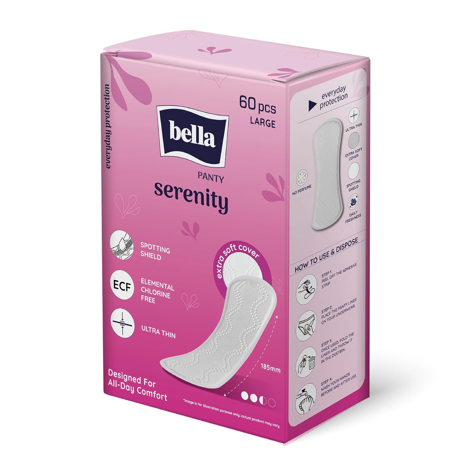 Bella Serenity Panty Liners for Women| Ultra-Thin | Leak-Proof Absorbent Core | Extra Soft Top sheet | No Perfume | 185 mm Large Size | Pack of 60