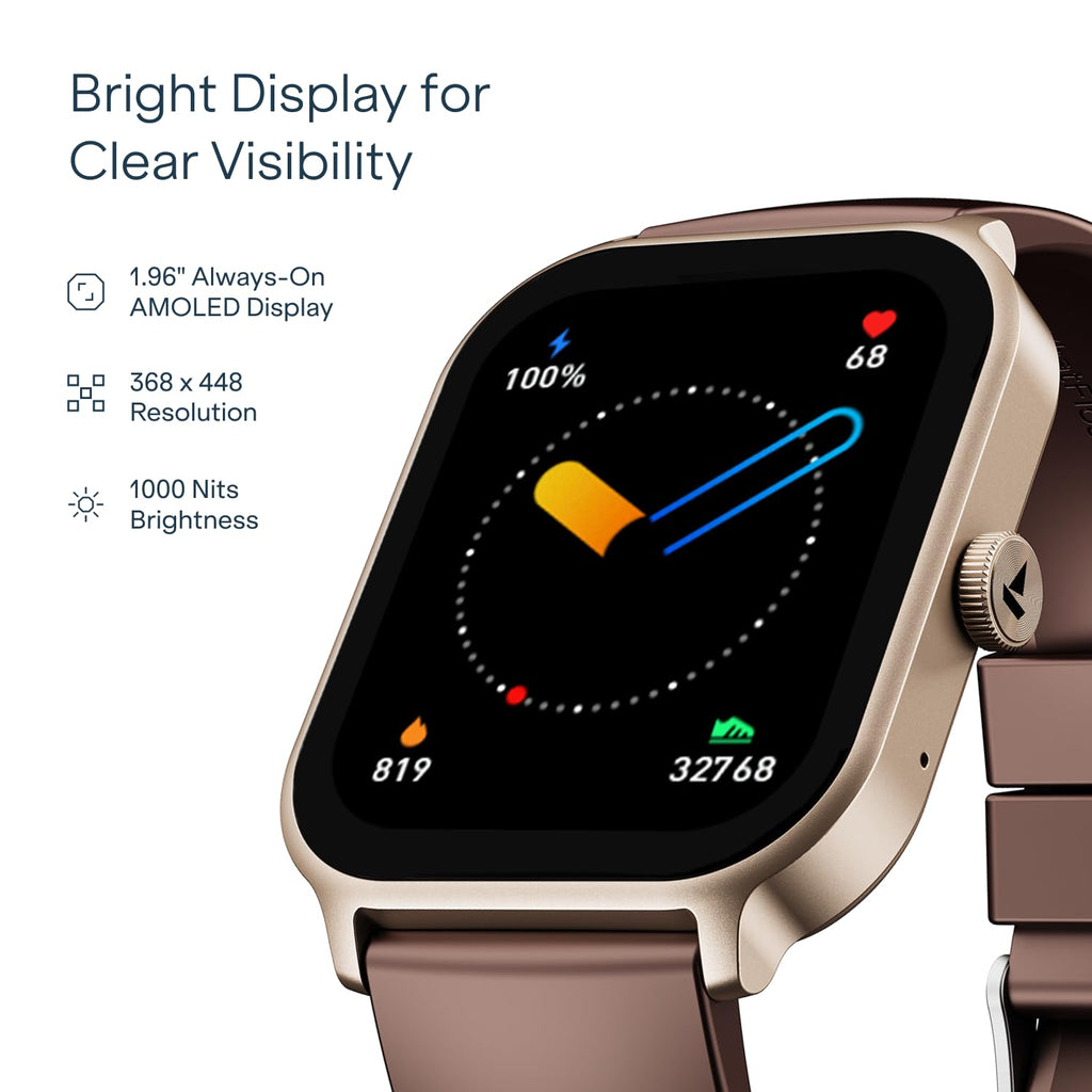 boAt Ultima Ember 2 Smartwatch, 1.96” AMOLED Display, Ultra Bright 1000 nits Brightness, AOD, Personalized Fitness Nudges, Functional Crown, 100+ Sports Mode smartwatch for Men & Women (Coffee Brown)