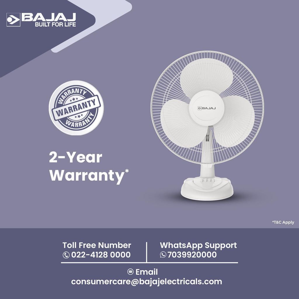 Bajaj Frore Neo Table Fan 400 MM | Table fans for Home & Office |Aerodynamically Balanced Blades| 100% CopperMotor| HighAir Delivery|3-Speed Control| 2-Yr Warranty 【White】