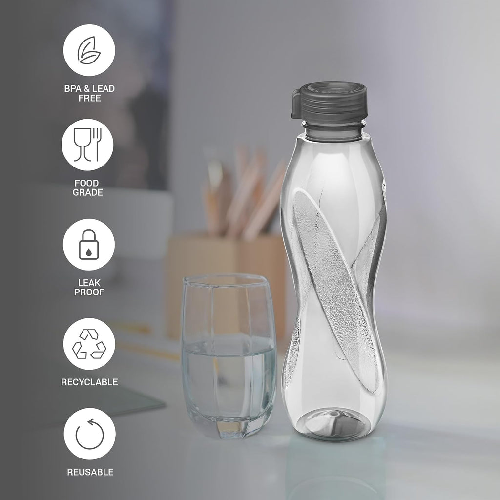 MILTON Oscar, Pack of 6 Water Bottles, 1 Litre each, Reusable Plastic Fridge Bottle Set, BPA Free and Leak Proof Bottles for Travel, Work, Grey
