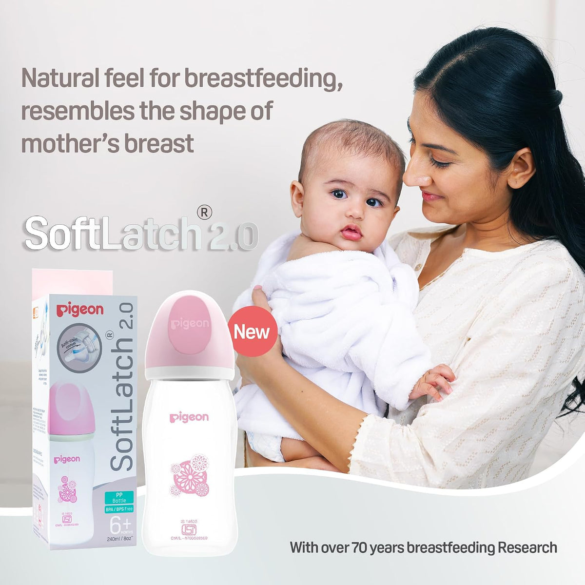 Pigeon Softlatch 2.0 Wide Neck Feeding Bottle 240ML | Baby Milk Bottle for 6 Months to 3 Years | BPA-Free, Anti-Colic, Nipple Collapse-Resistant | Feeding Bottle for Kids & Toddlers (Pink Hood)