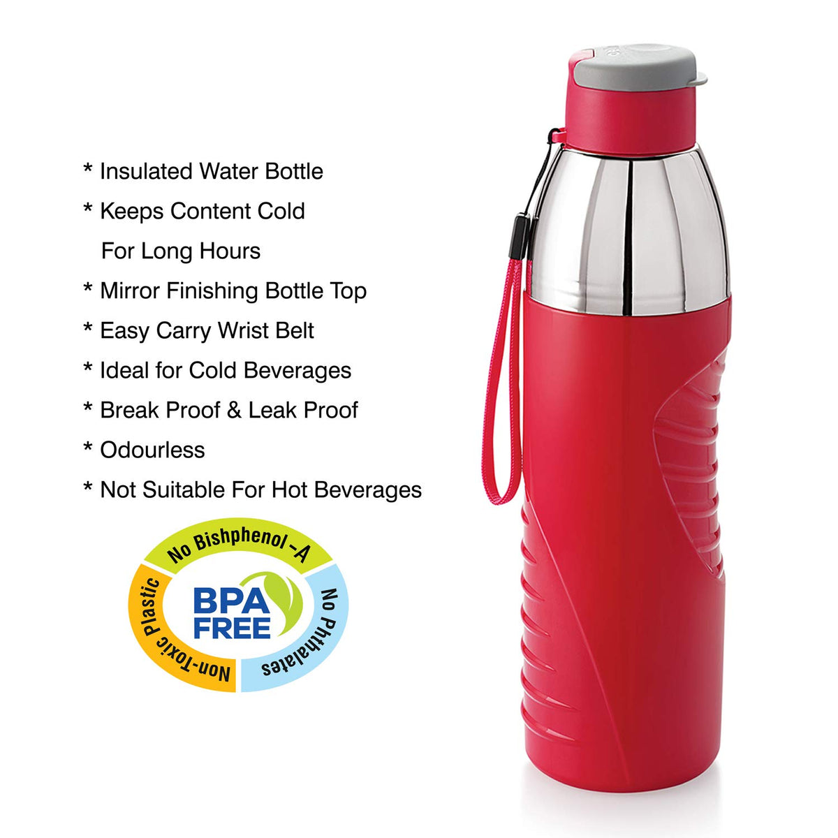Cello Puro Gliss Insulated Water Bottle, 900 ML, Red (Plastic)