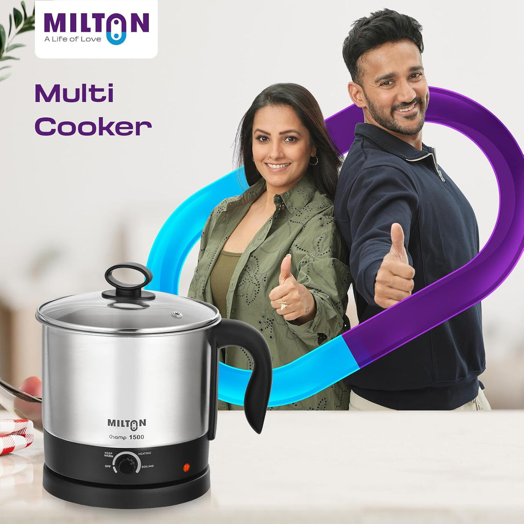 Milton Champ 1.5L 600W Electric Multi Cook Kettle with Steamer | Multipurpose Electric Kettle for Boiling Eggs, Water, Milk, Tea, Noodles & Soup | Stainless Steel Body | 3 Modes | 1 Year Warranty