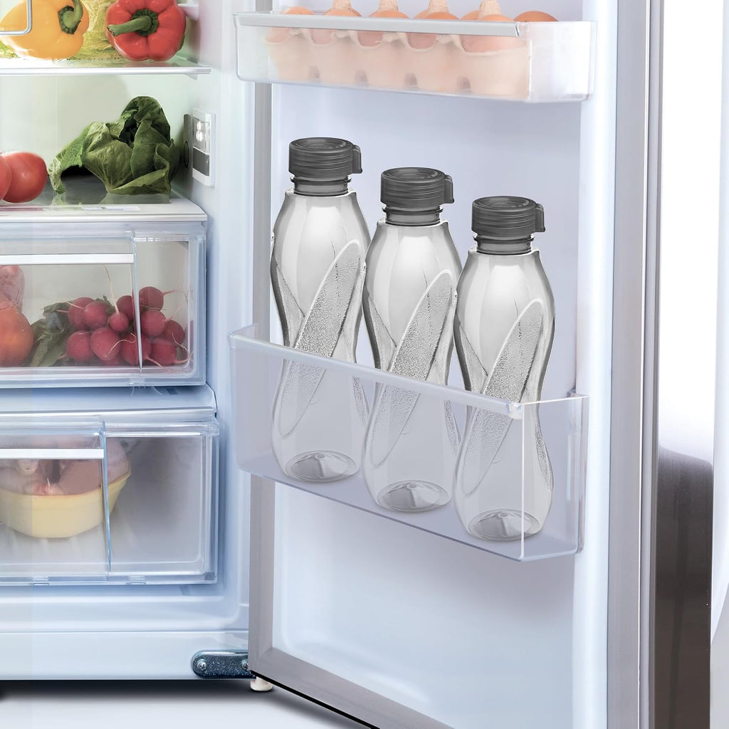 MILTON Oscar, Pack of 6 Water Bottles, 1 Litre each, Reusable Plastic Fridge Bottle Set, BPA Free and Leak Proof Bottles for Travel, Work, Grey