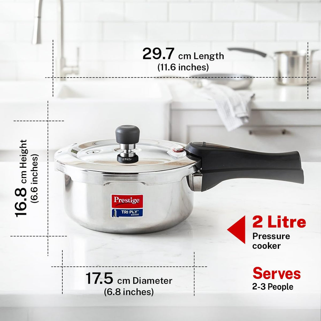 Prestige 2 Litre Triply Svachh Outerlid Pressure Cooker|Deep lid for spillage control|Gas & Induction Compatible|Triply body for even heating|Gasket Release System|5 Years warranty|ISI certified