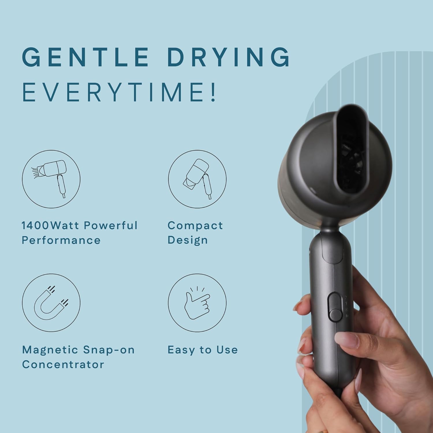 WINSTON Ionic Foldable Hair Dryer - 1400W | Compact, Foldable, and Damage-Free Drying Blow Dryer with Low Noise & Overheat Protection - 1 Year Warranty (Grey)