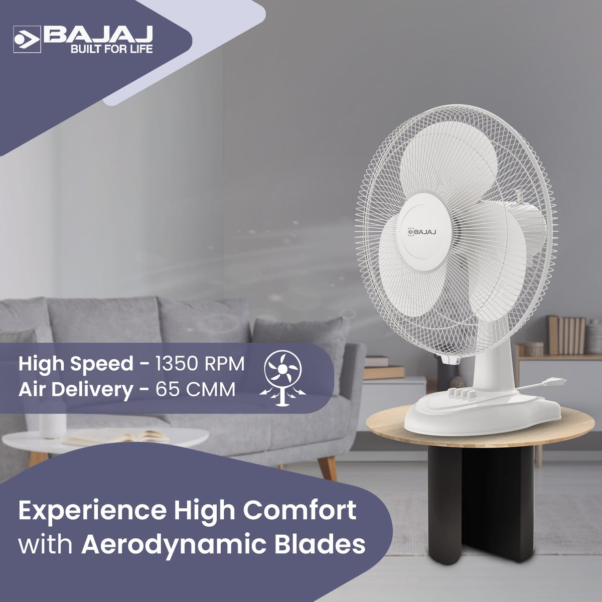 Bajaj Frore Neo Table Fan 400 MM | Table fans for Home & Office |Aerodynamically Balanced Blades| 100% CopperMotor| HighAir Delivery|3-Speed Control| 2-Yr Warranty 【White】