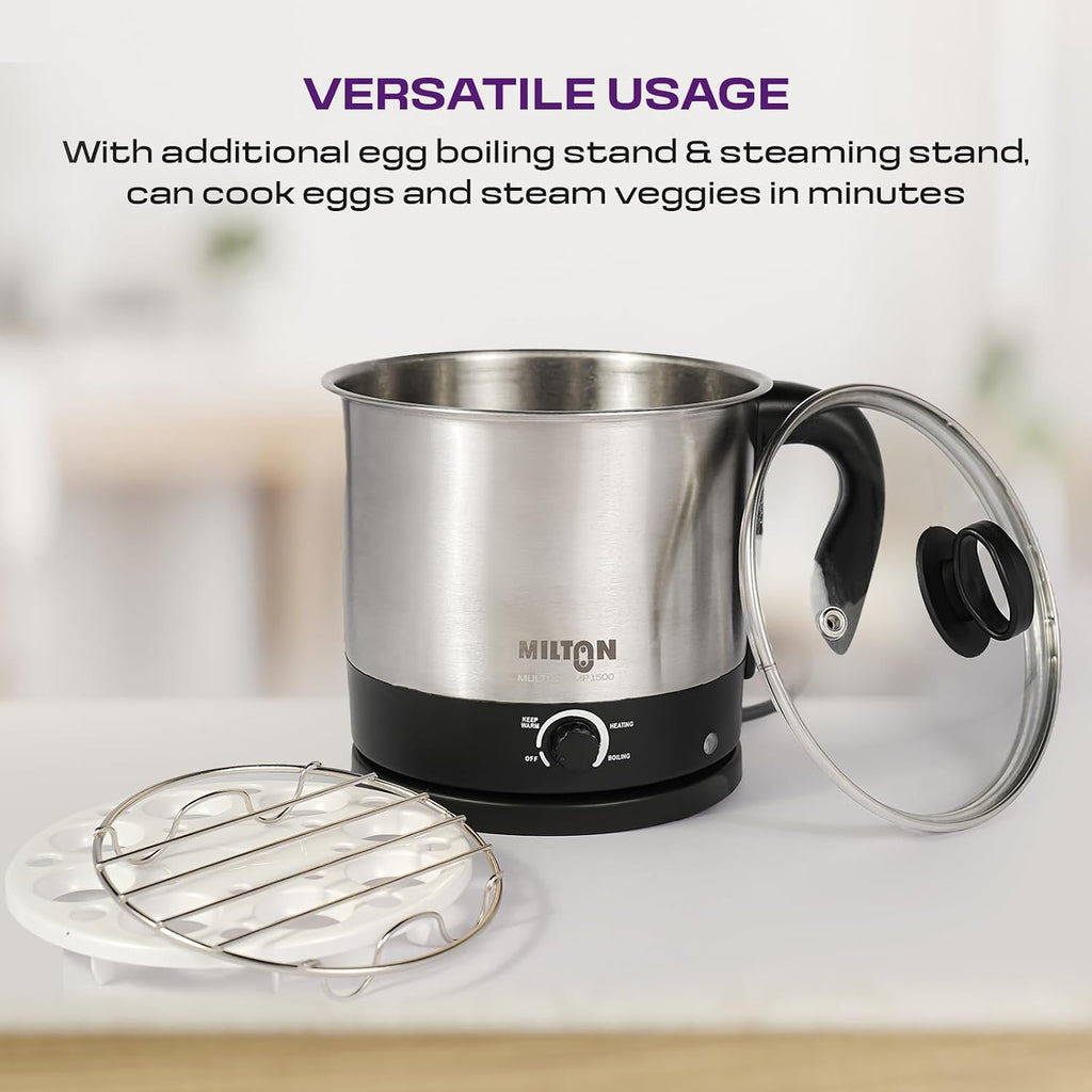 Milton Champ 1.5L 600W Electric Multi Cook Kettle with Steamer | Multipurpose Electric Kettle for Boiling Eggs, Water, Milk, Tea, Noodles & Soup | Stainless Steel Body | 3 Modes | 1 Year Warranty
