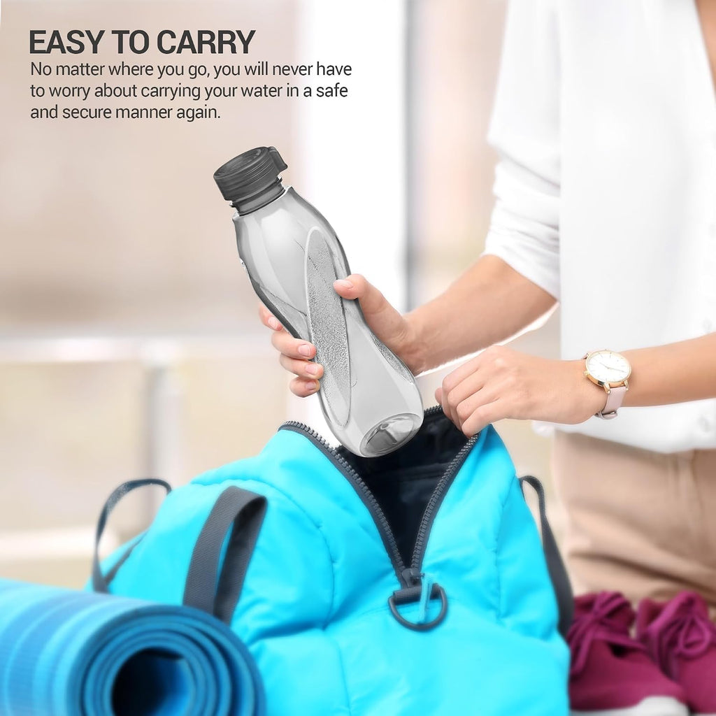 MILTON Oscar, Pack of 6 Water Bottles, 1 Litre each, Reusable Plastic Fridge Bottle Set, BPA Free and Leak Proof Bottles for Travel, Work, Grey