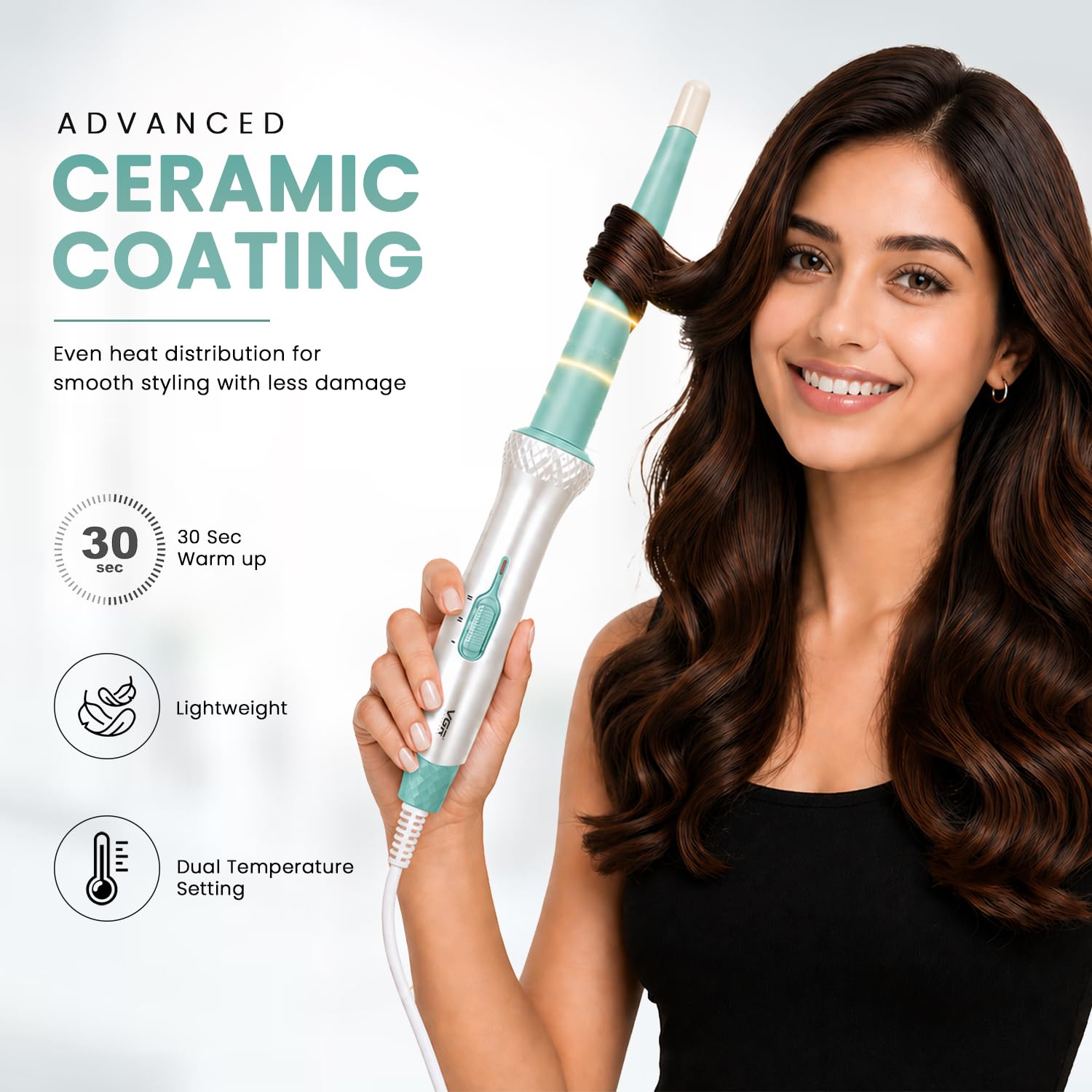VGR V-596 Professional Curling Wand with 25MM Pearl Barrel, Fast PTC Heating, Dual Temperature Control Up To 200°C, Cool Touch Tip, Hair Curler Iron For Women, Salon Styling, Long Lasting Curls, White