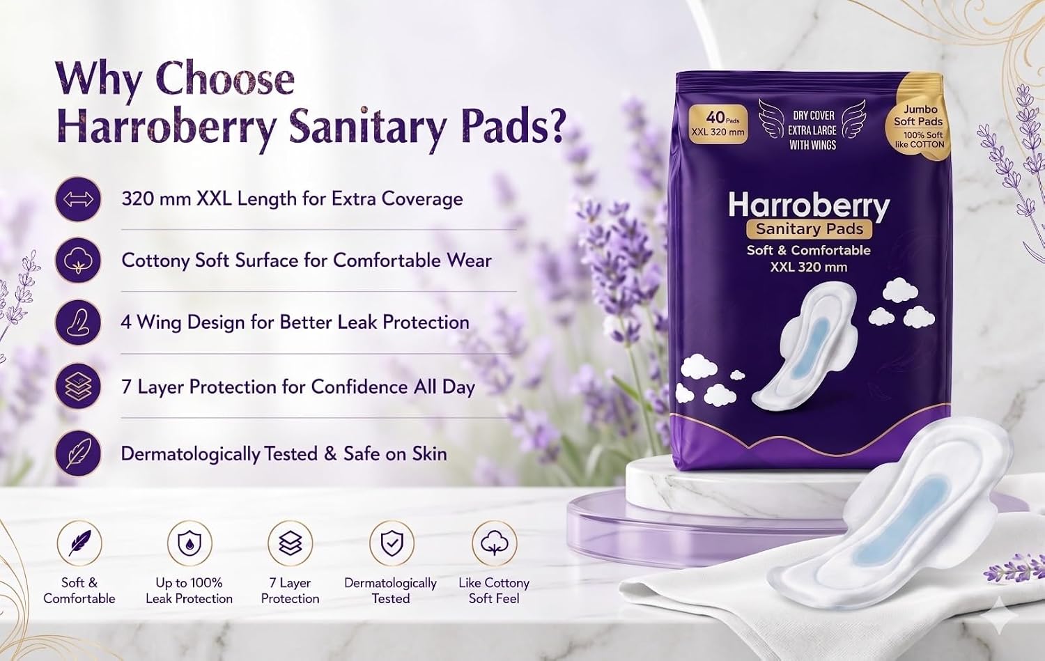XXL Sanitary Pads for Women (40 Pads) | Secure Nights Protection | Cottony Soft | Leak Lock Technology | Odour Control | Up to 12 Hours Protection | With Wings