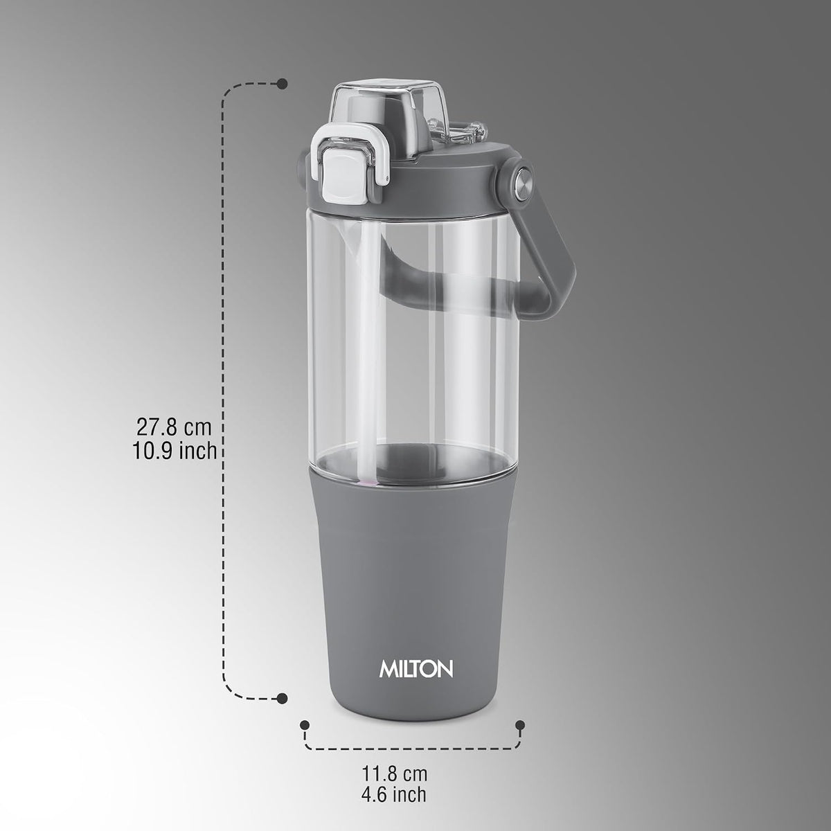 MILTON Summit 1200 2-in-1 Sip or Gulp Lid Tumbler 1200 ml | Plastic Water Bottle with Sturdy Handle & Straw | Leak-Proof, BPA-Free | Perfect for Office, Gym, Travel Tumbler for Men and Women, Grey