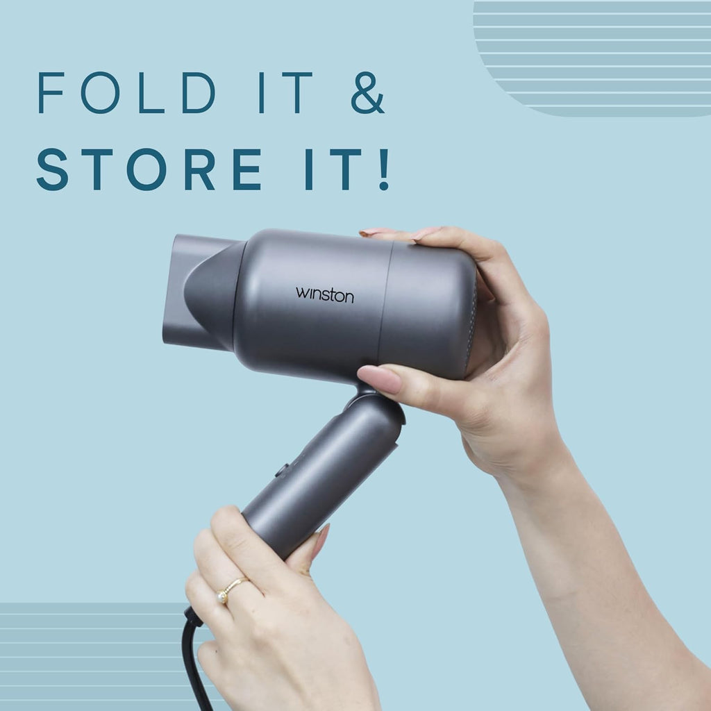 WINSTON Ionic Foldable Hair Dryer - 1400W | Compact, Foldable, and Damage-Free Drying Blow Dryer with Low Noise & Overheat Protection - 1 Year Warranty (Grey)