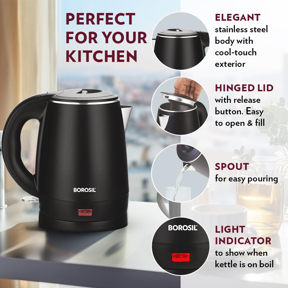 Borosil 1.2L 1350W Cooltouch Multipurpose Electric Kettle | Auto Shut off | Wide Mouth | 304 Food Grade Stainless Steel with Double Wall Cooltouch Exterior | 2 year Warranty | Black