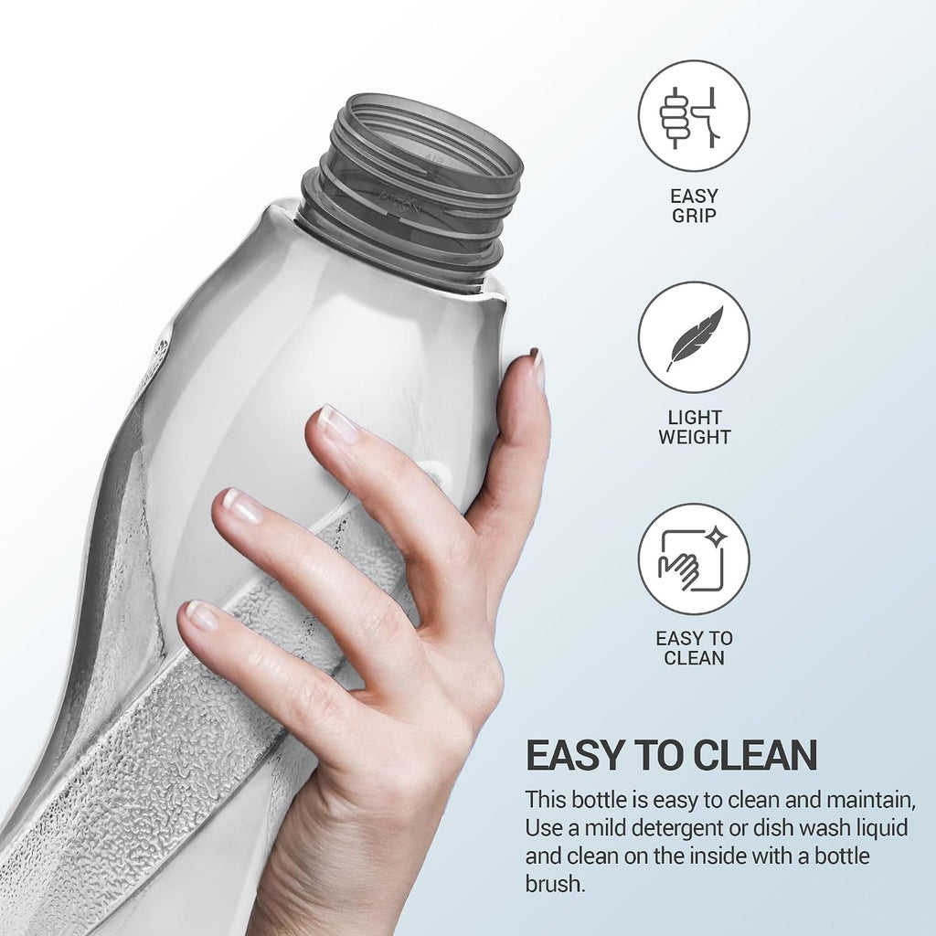 MILTON Oscar, Pack of 6 Water Bottles, 1 Litre each, Reusable Plastic Fridge Bottle Set, BPA Free and Leak Proof Bottles for Travel, Work, Grey