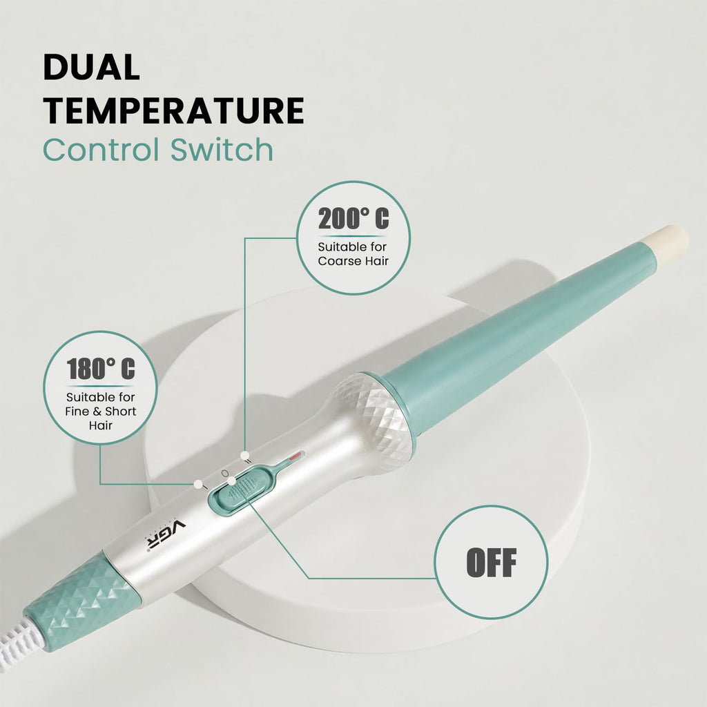 VGR V-596 Professional Curling Wand with 25MM Pearl Barrel, Fast PTC Heating, Dual Temperature Control Up To 200°C, Cool Touch Tip, Hair Curler Iron For Women, Salon Styling, Long Lasting Curls, White