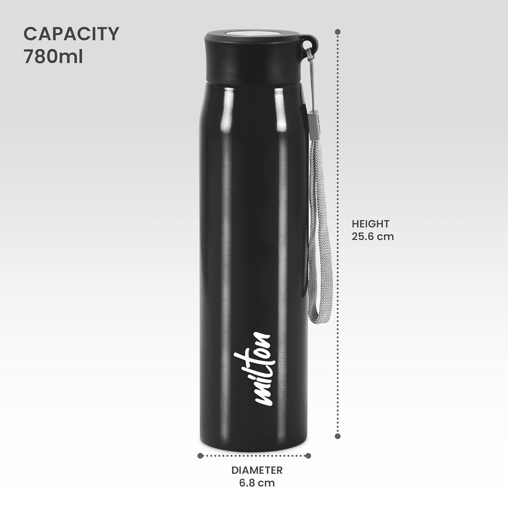 MILTON Handy 850 Stainless Steel Sipper Water Bottle 780 ml, Single Walled, ISI Certified I Leak Proof Lid, Rust Proof I For School, Office, Gym I Black