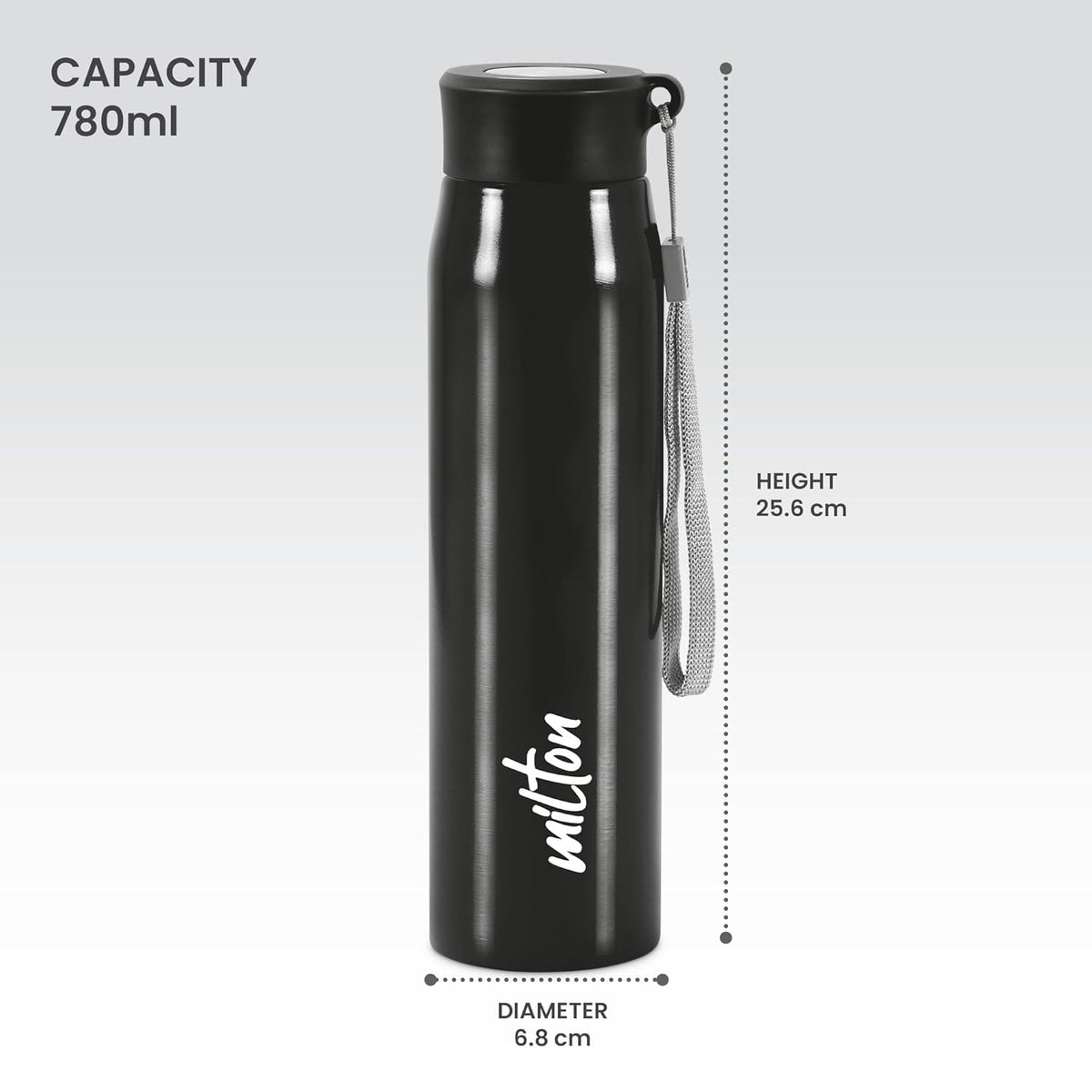 MILTON Handy 850 Stainless Steel Sipper Water Bottle 780 ml, Single Walled, ISI Certified I Leak Proof Lid, Rust Proof I For School, Office, Gym I Black