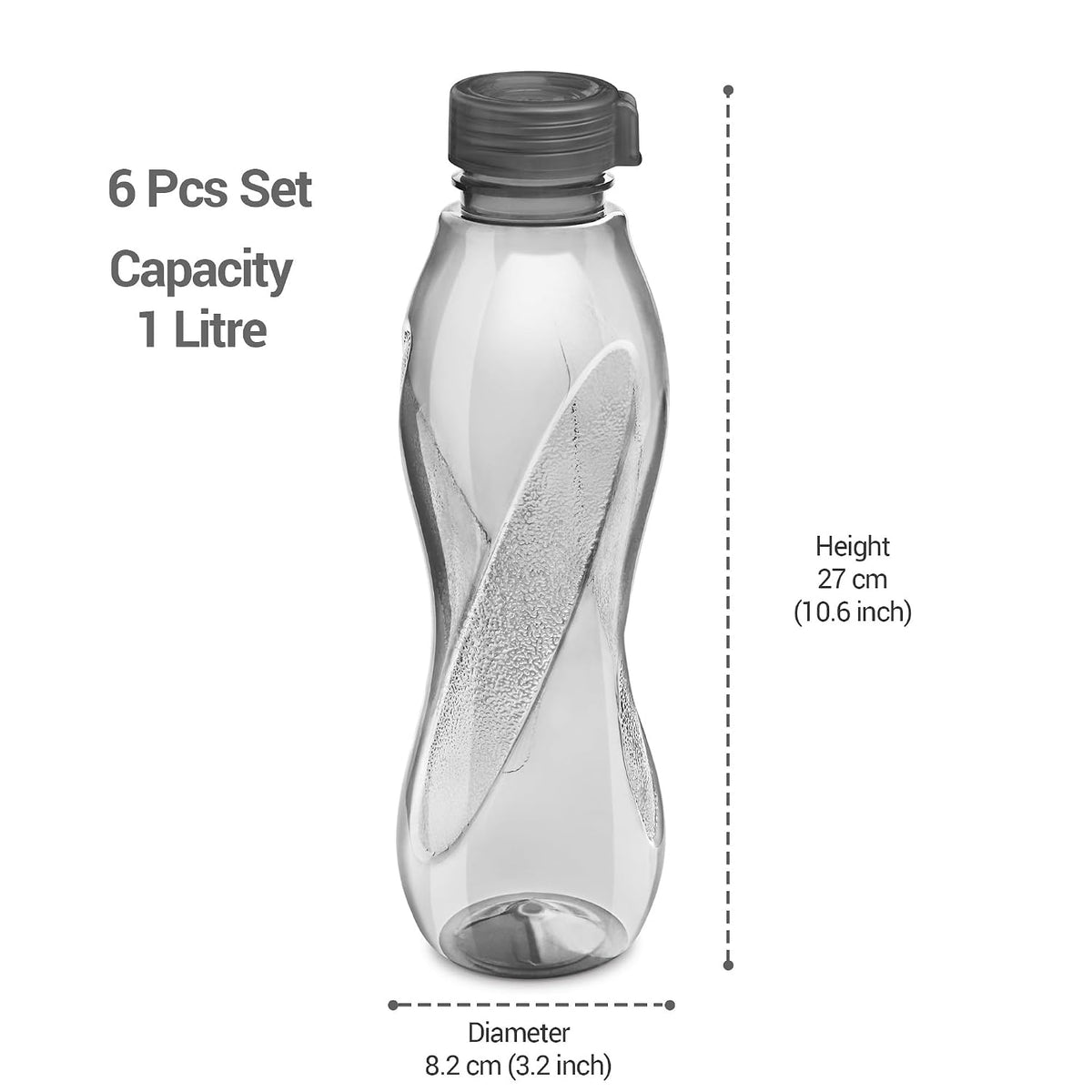 MILTON Oscar, Pack of 6 Water Bottles, 1 Litre each, Reusable Plastic Fridge Bottle Set, BPA Free and Leak Proof Bottles for Travel, Work, Grey
