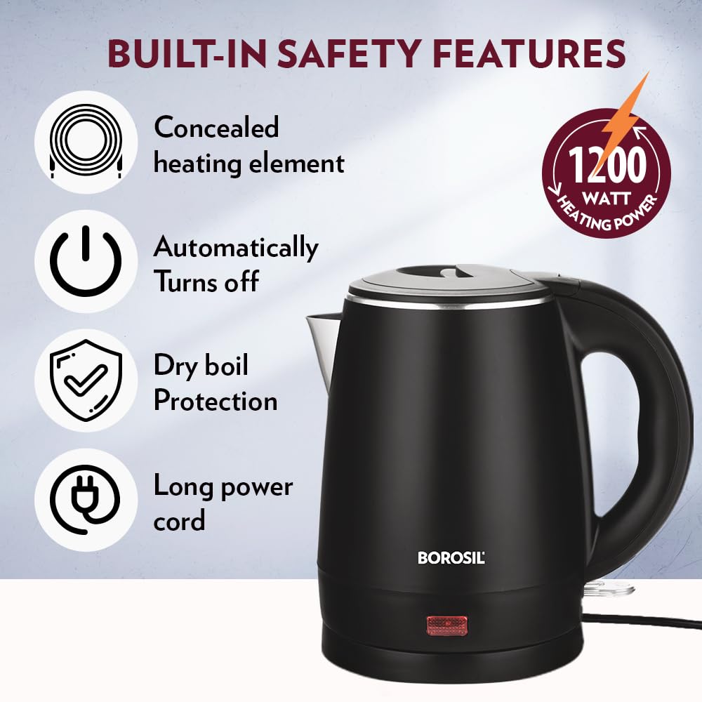 Borosil 1.2L 1350W Cooltouch Multipurpose Electric Kettle | Auto Shut off | Wide Mouth | 304 Food Grade Stainless Steel with Double Wall Cooltouch Exterior | 2 year Warranty | Black