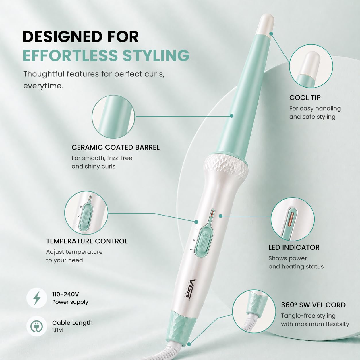 VGR V-596 Professional Curling Wand with 25MM Pearl Barrel, Fast PTC Heating, Dual Temperature Control Up To 200°C, Cool Touch Tip, Hair Curler Iron For Women, Salon Styling, Long Lasting Curls, White