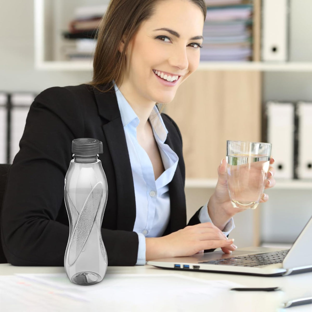 MILTON Oscar, Pack of 6 Water Bottles, 1 Litre each, Reusable Plastic Fridge Bottle Set, BPA Free and Leak Proof Bottles for Travel, Work, Grey