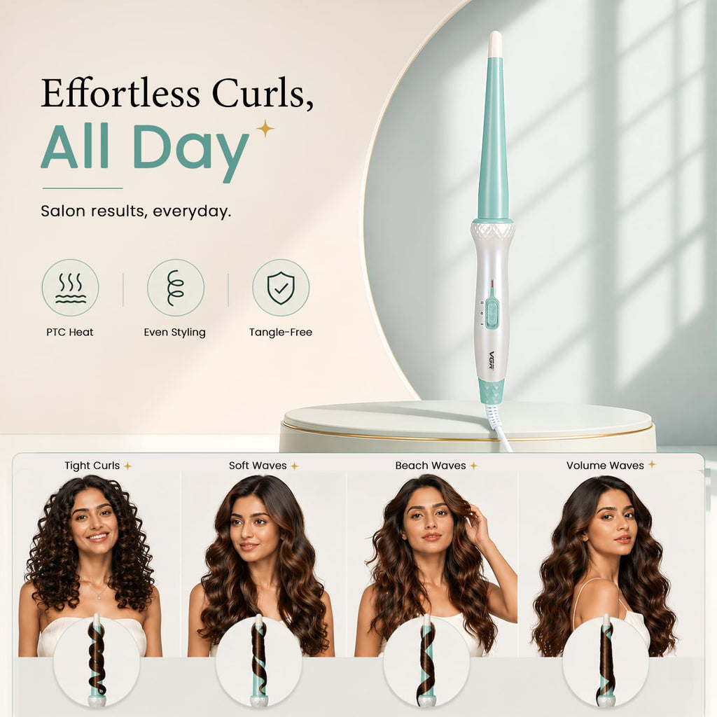 VGR V-596 Professional Curling Wand with 25MM Pearl Barrel, Fast PTC Heating, Dual Temperature Control Up To 200°C, Cool Touch Tip, Hair Curler Iron For Women, Salon Styling, Long Lasting Curls, White