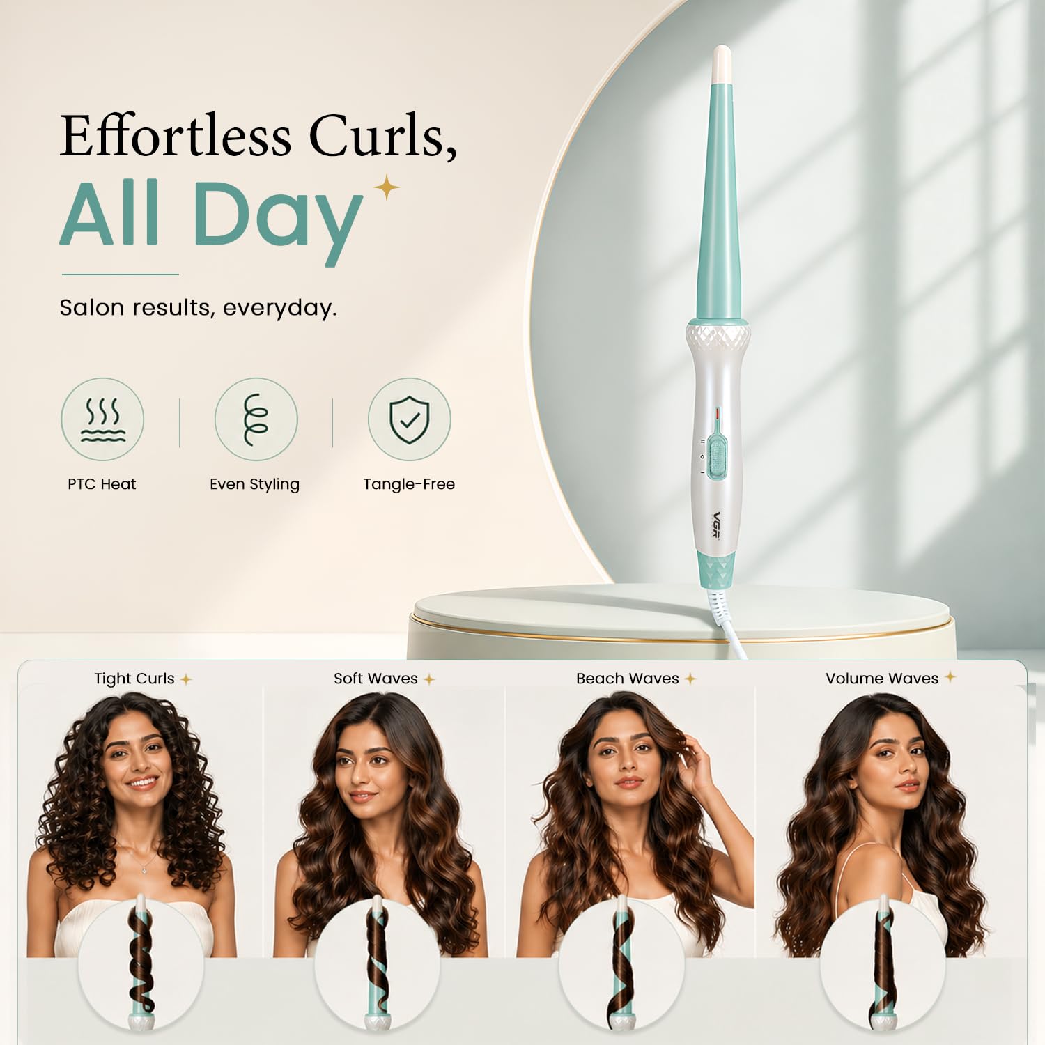 VGR V-596 Professional Curling Wand with 25MM Pearl Barrel, Fast PTC Heating, Dual Temperature Control Up To 200°C, Cool Touch Tip, Hair Curler Iron For Women, Salon Styling, Long Lasting Curls, White