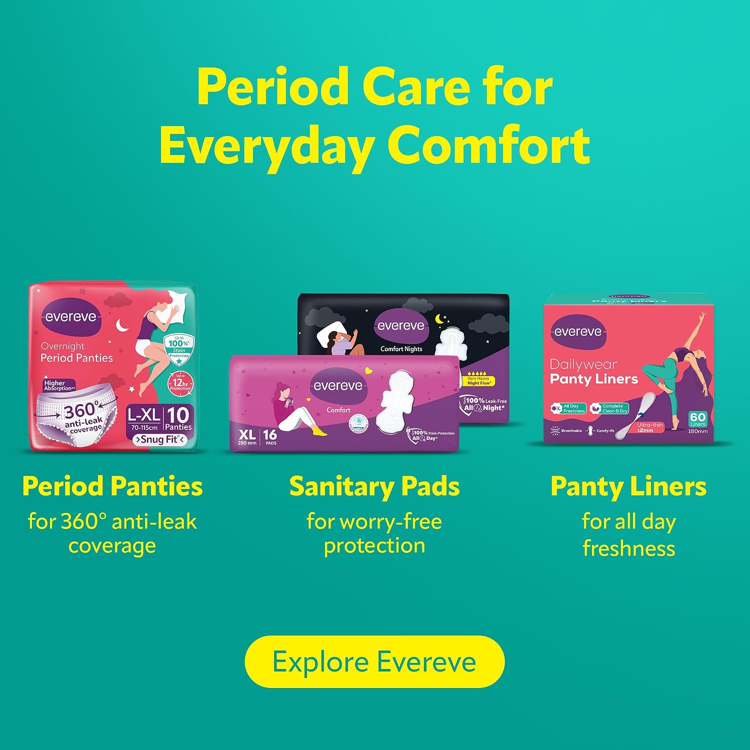 Evereve Comfort Sanitary Pads for Women, XL+ 320mm, Longest and Widest Day Pad, Thick Soft Fabric, Breathable Rash-Free Wear, Deep Absorption, Up to 100% Leak Protection, All Day Comfort, Pack of 24x2