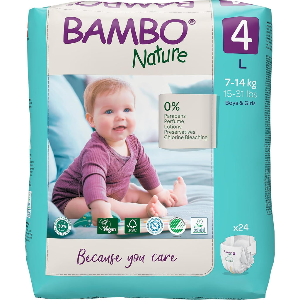 Bambo Nature Premium Baby Tape Diapers for Baby Large Size (7-14 Kgs), Super Absorbent, Breathable, Extra Soft, Dermatologically Tested, Hypoallergenic Toddler Nappies With Wetness Indicator, 24 Count