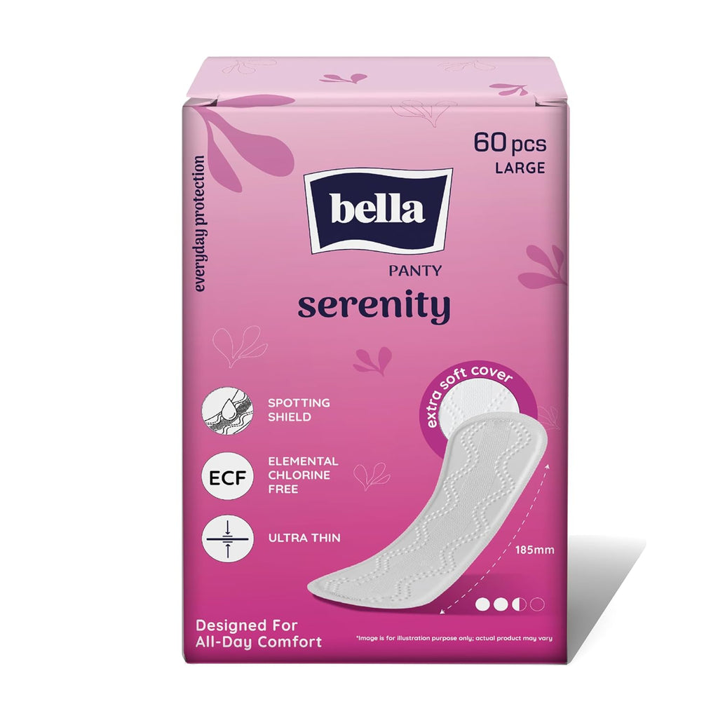 Bella Serenity Panty Liners for Women| Ultra-Thin | Leak-Proof Absorbent Core | Extra Soft Top sheet | No Perfume | 185 mm Large Size | Pack of 60
