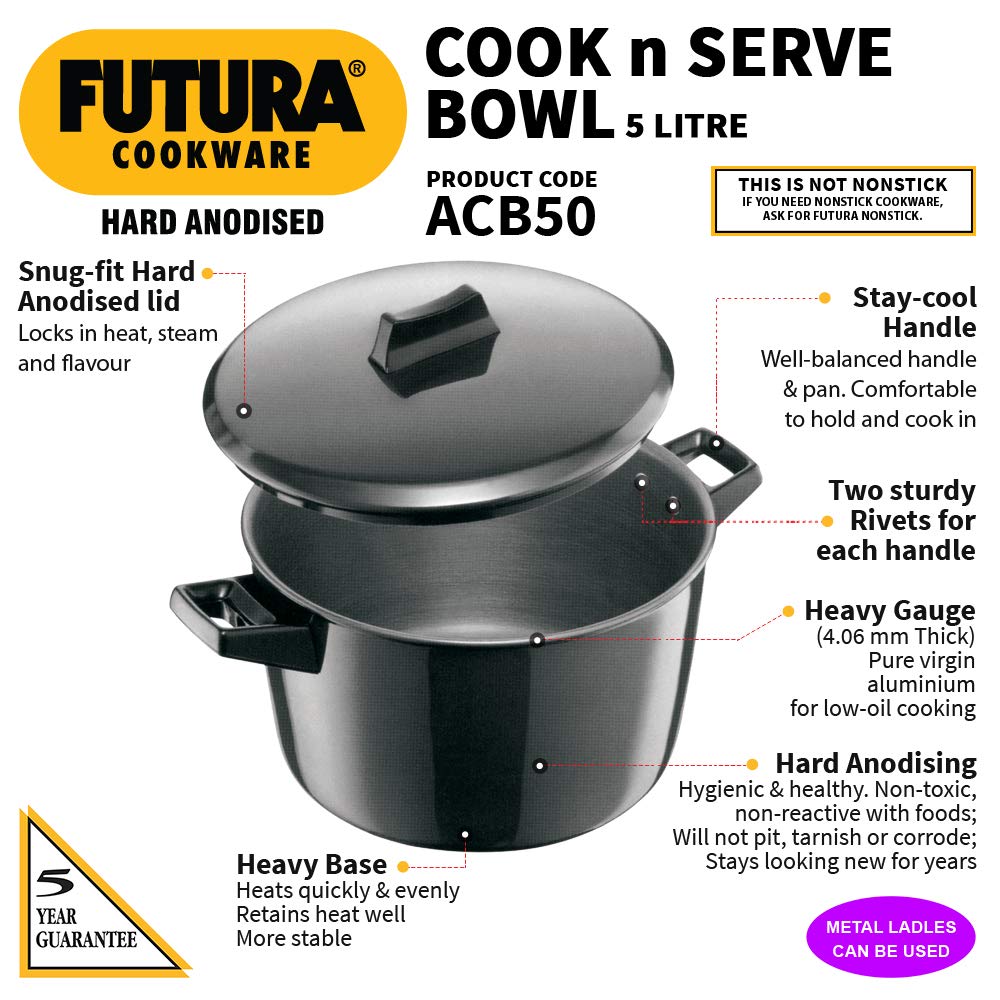 Hawkins Futura 5 Litre Cook n Serve Bowl, Hard Anodised Saucepan with Hard Anodised Lid, Sauce Pan for Cooking and Serving, Black (ACB50), Aluminium