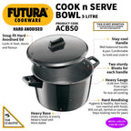 Hawkins Futura 5 Litre Cook n Serve Bowl, Hard Anodised Saucepan with Hard Anodised Lid, Sauce Pan for Cooking and Serving, Black (ACB50), Aluminium