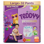 Teddyy Premium Baby Diaper L size, Pant Style | Large (9-14 kg), 32 Pants | Butter Soft Feel, Anti-Rash with Aloe Vera, 12 Hours Dryness Lock