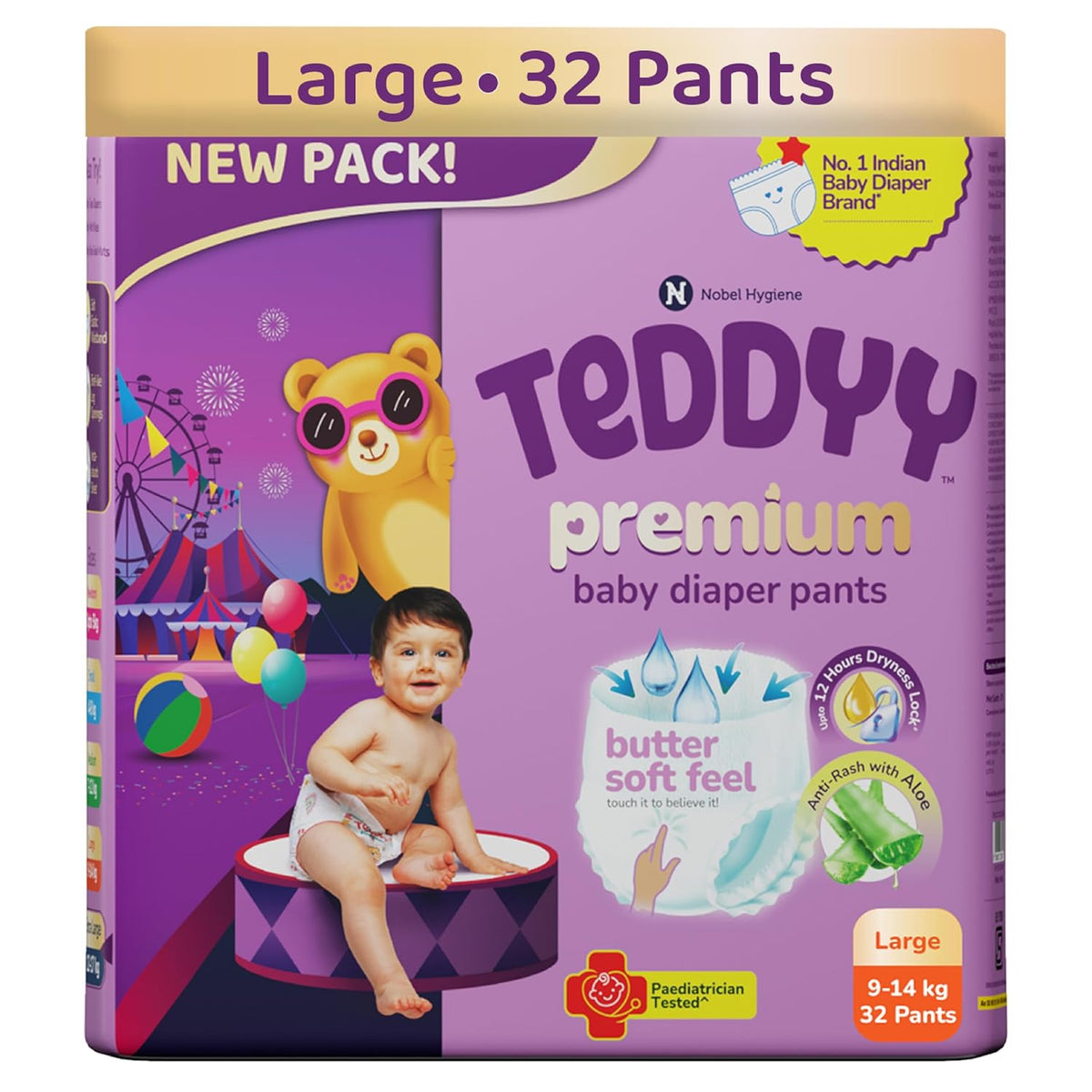 Teddyy Premium Baby Diaper L size, Pant Style | Large (9-14 kg), 32 Pants | Butter Soft Feel, Anti-Rash with Aloe Vera, 12 Hours Dryness Lock