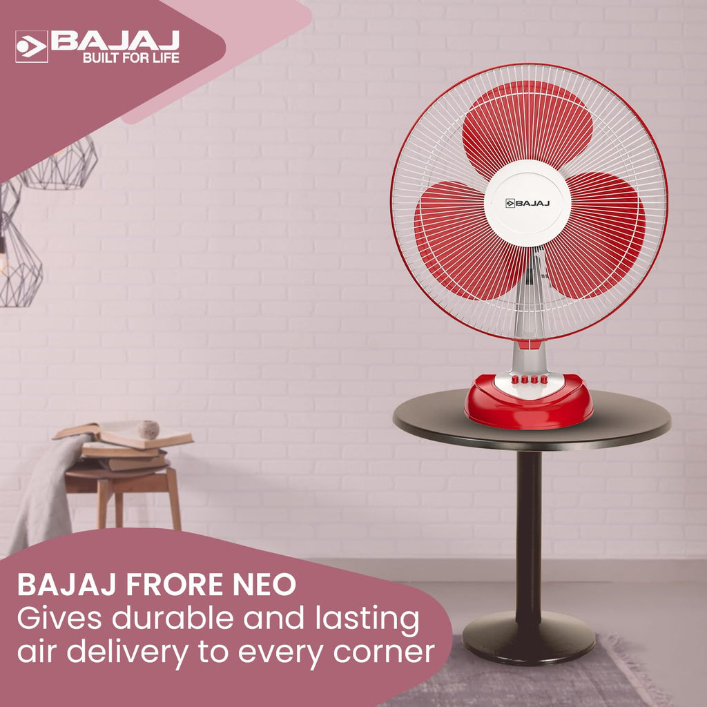 Bajaj Frore Neo Table Fan 400 MM | Table Fans For Home & Office | Aerodynamically Balanced Blades | 100% Copper Motor | High Air Delivery | 3-Speed Control | 2-Yr Warranty 【Red】