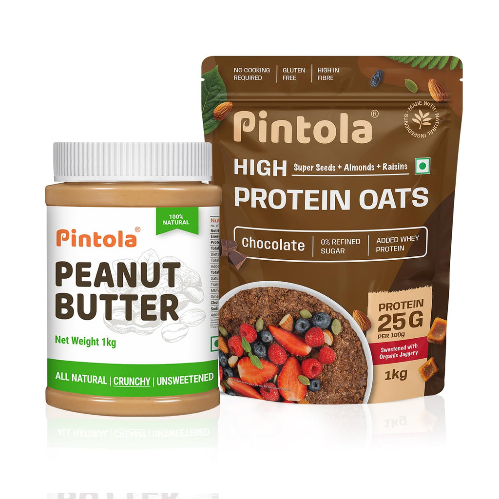 Pintola High-Protein Combo: All Natural Crunchy Peanut Butter 1kg & 25g High Protein Dark Chocolate Oats 1kg | No Refined Sugar, Gluten-Free, Vegan | With Almonds, Raisins, Pumpkin & Chia Seeds