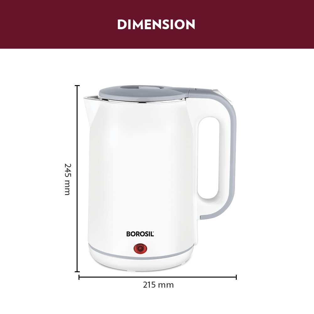 Borosil 1.8 L 1800W Cooltouch Multipurpose Electric Kettle | Auto Shut off | Wide Mouth | 304 Food Grade Stainless Steel with Double Wall Cooltouch Exterior | 1 year Warranty | White