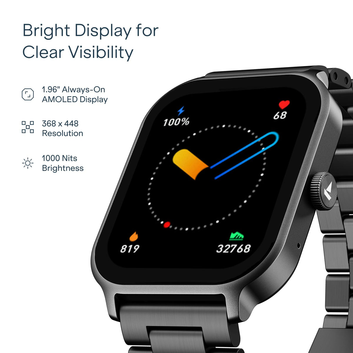 boAt Ultima Ember 2 Smartwatch, 1.96” AMOLED Display, Ultra Bright 1000 nits Brightness, AOD, Personalized Fitness Nudges, Functional Crown, 100+ Sports Mode smartwatch for Men & Women (Steel Black)