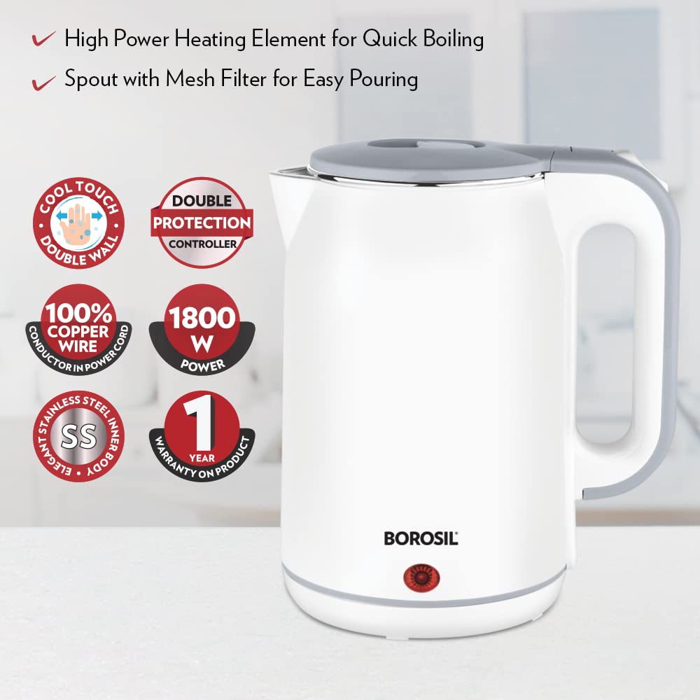 Borosil 1.8 L 1800W Cooltouch Multipurpose Electric Kettle | Auto Shut off | Wide Mouth | 304 Food Grade Stainless Steel with Double Wall Cooltouch Exterior | 1 year Warranty | White