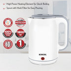 Borosil 1.8 L 1800W Cooltouch Multipurpose Electric Kettle | Auto Shut off | Wide Mouth | 304 Food Grade Stainless Steel with Double Wall Cooltouch Exterior | 1 year Warranty | White