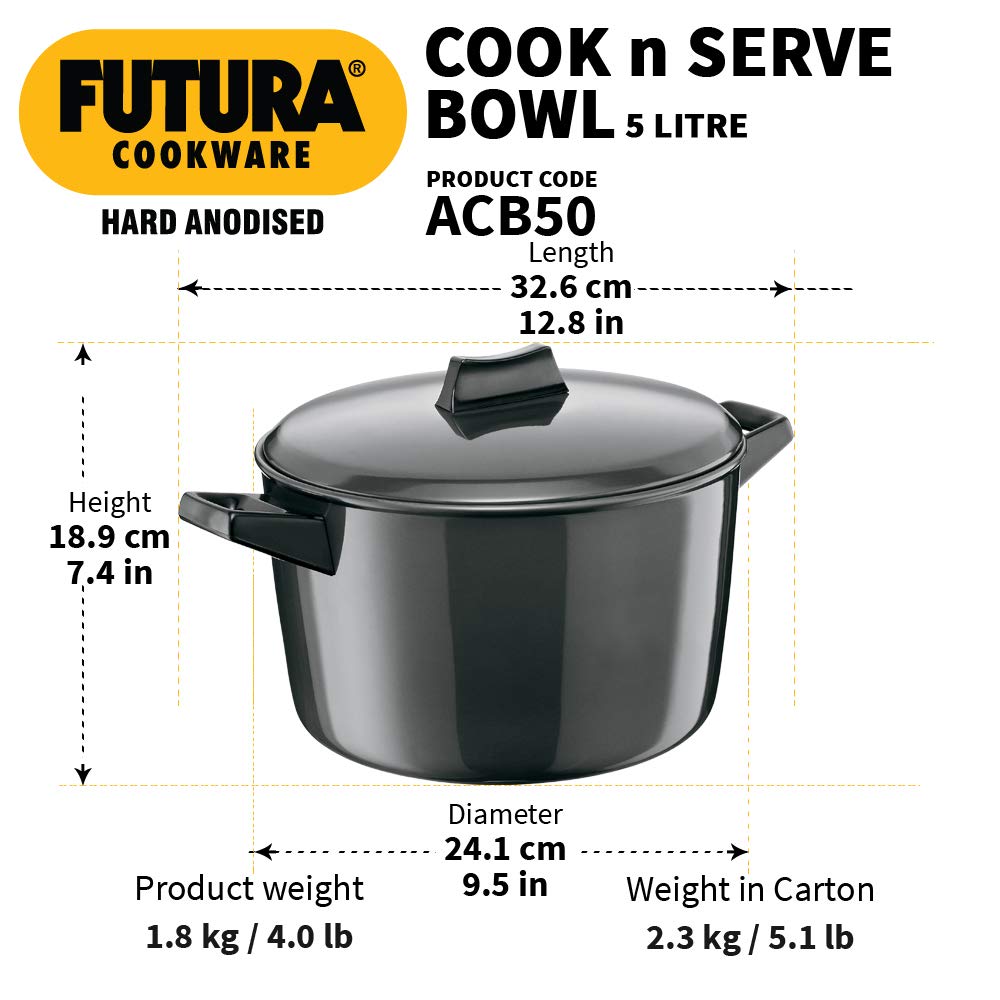 Hawkins Futura 5 Litre Cook n Serve Bowl, Hard Anodised Saucepan with Hard Anodised Lid, Sauce Pan for Cooking and Serving, Black (ACB50), Aluminium